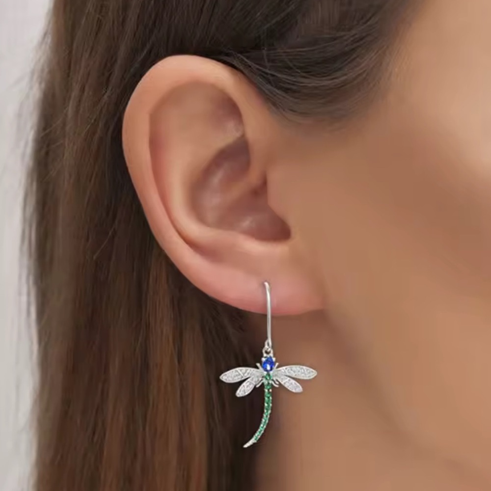 Emerald Green Dragonfly Dangle Earrings - Picture 6 of 10